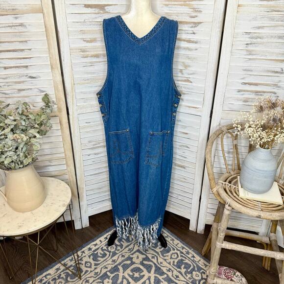 VINTAGE EXPRESSIONS Women's PLUS 1X Y2K Denim Sleeveless Maxi Jean Dress Pockets - Picture 13 of 14